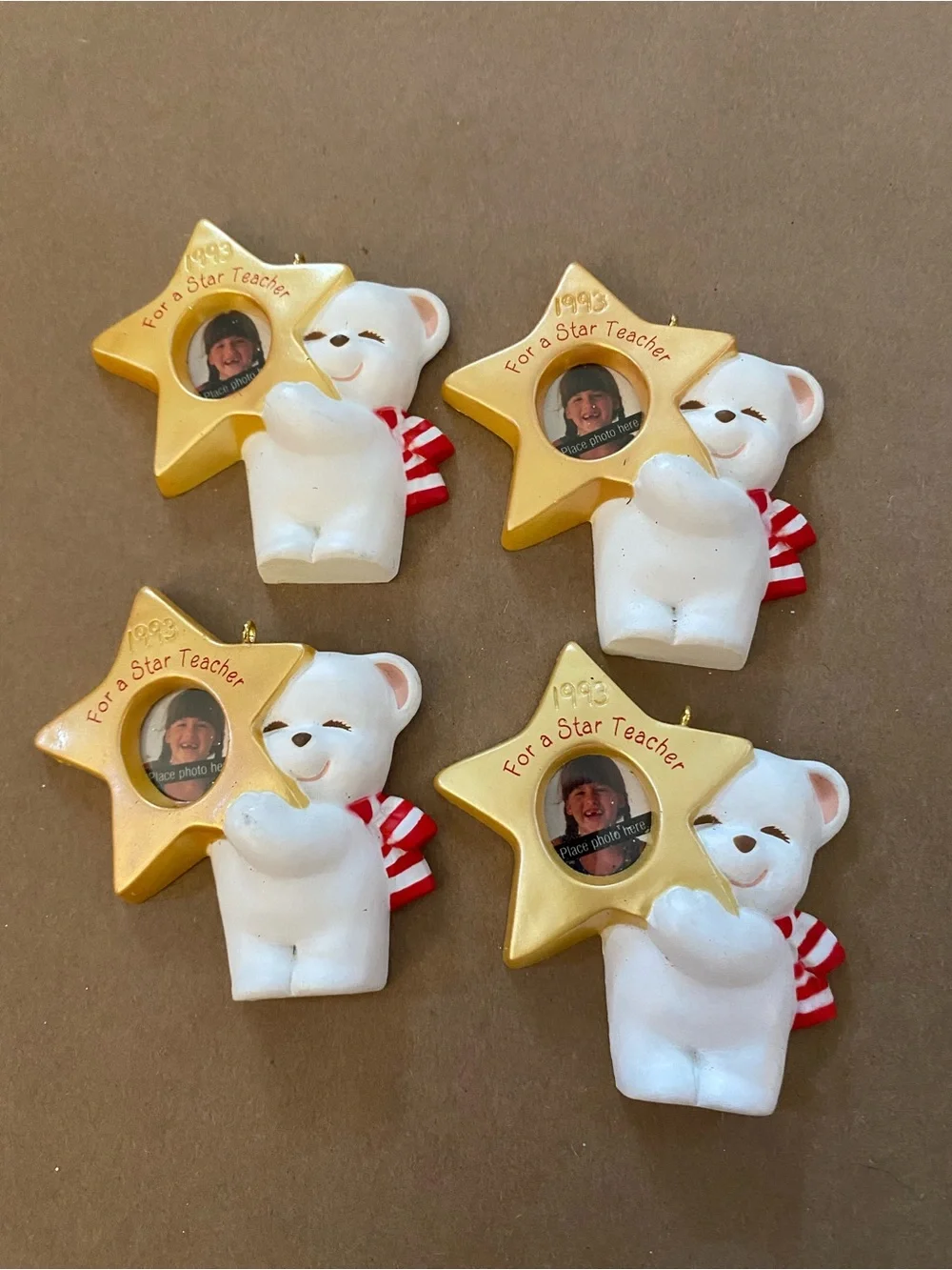 4 Set - 1993 Star teacher photo ornament by Hallmark, white bear, never used,